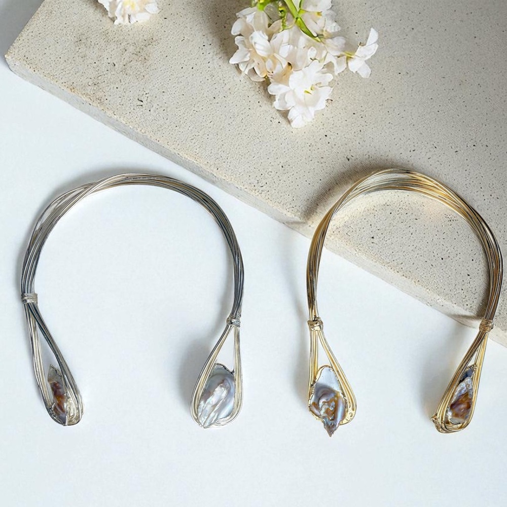 Silver Statement Open Collar Necklace with Mother of Pearl Stone